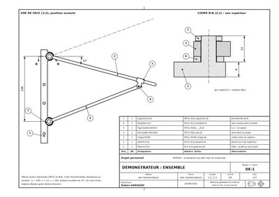 Dimensioned assembly drawing of the demonstrator: front view and section of the upper pin