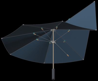 3D render of the ROSEAU umbrella during a gust: part of the canopy lifts and the rib is released from its rod